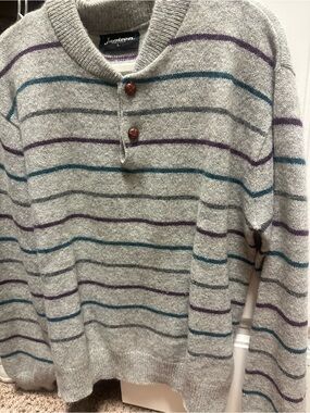 Jantzen Gray Crewneck Sweater with Teal and Purple Stripes